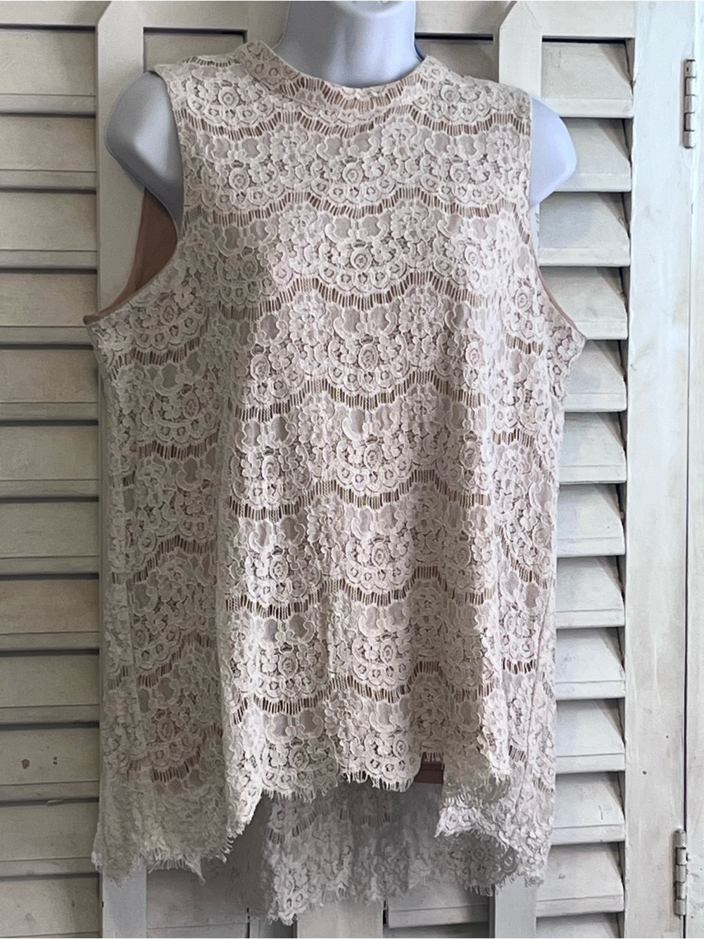Rose & Olive Off-White Scalloped Floral Lace High-Neck Tank Top Size Large